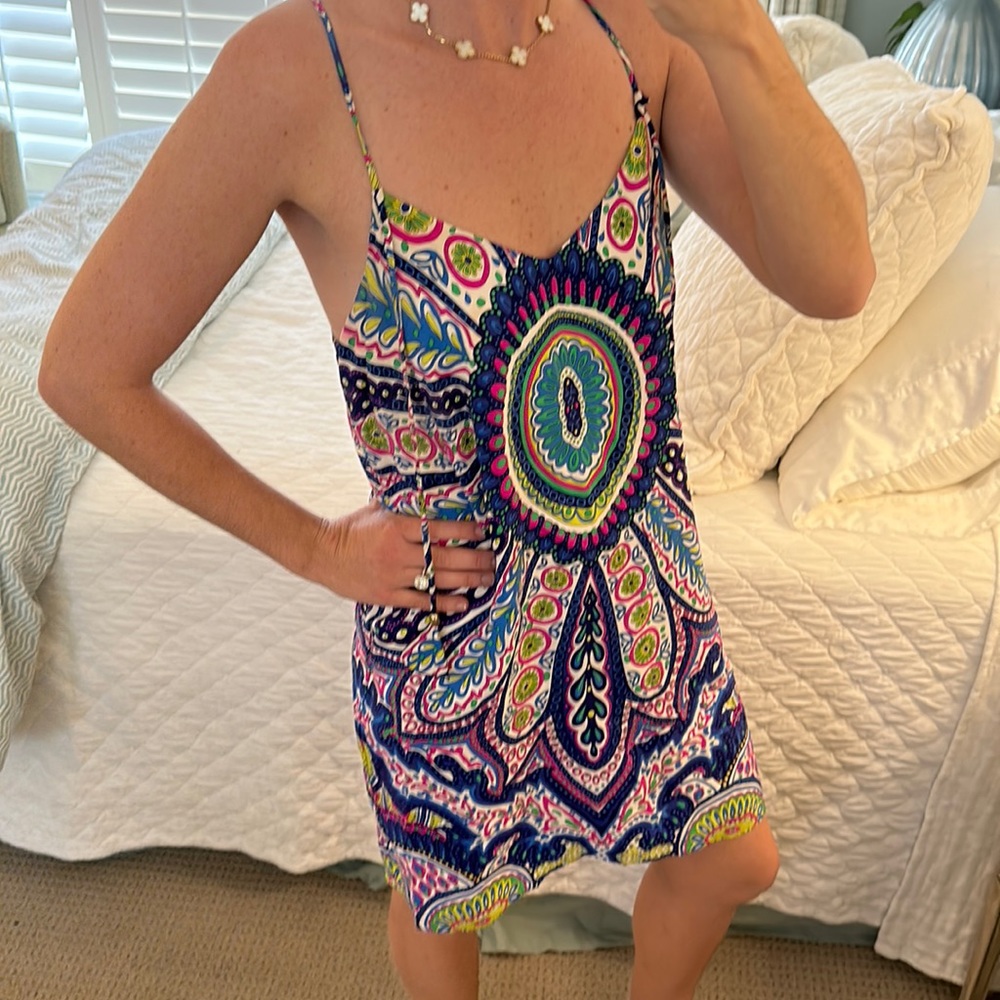 Alice and Trixie, size Small, colorful dress, purple blue yellow green pink
